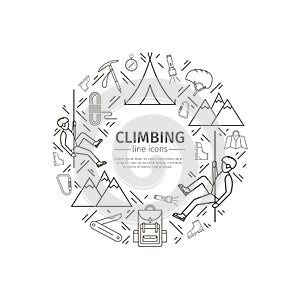 Rock-climbing web banner, sports equipment. Advertising template.