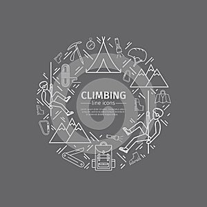 Rock-climbing web banner, sports equipment. Thin line icons. Vector illustration.