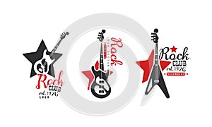 Rock Club Logo Design Set, Audio Record, Sound Studio Retro Badges Vector Illustration