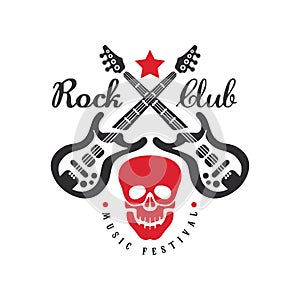 Rock club music festival logo, emblem for rock band, festival, guitar party or musical performance, design element with