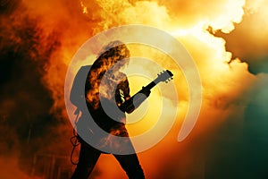 Rock concert with the electric guitar player standing in red and yellow smoke