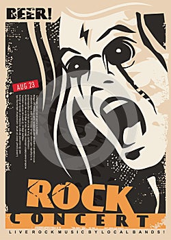 Rock concert poster design template with mad singer portrait