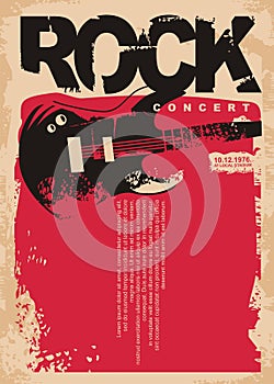 Rock concert poster template with electric guitar on grungy red background