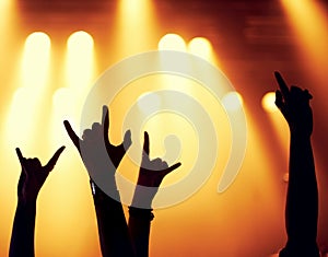 Rock, concert and silhouette of hands with fans in celebration of music, festival and event at night with energy. People