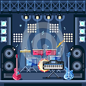 Rock concert stage vector illustration. Music instruments and spotlights equipment on scene. Festival design elements