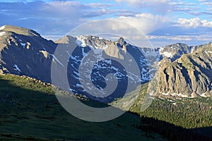 Rock cut overlook of the rocky mountains from the high alpine trail ridge road in Colorado