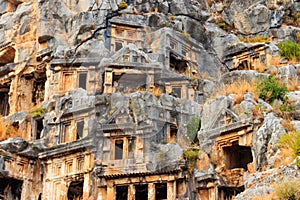 Rock-cut tombs of Lycian necropolis of ancient city of Myra in Demre, Antalya province in Turkey