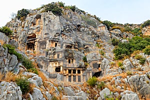 Rock-cut tombs of Lycian necropolis of ancient city of Myra in Demre, Antalya province in Turkey