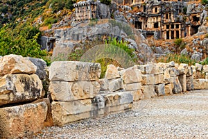 Rock-cut tombs of Lycian necropolis of ancient city of Myra in Demre, Antalya province in Turkey