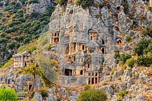 Rock-cut tombs of Lycian necropolis of ancient city of Myra in Demre, Antalya province in Turkey