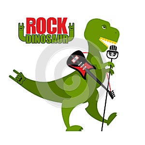 Rock dinosaur. Tyrannosaurus is singing into microphone. Dino T-Rex with an electric guitar. Green toothy Monster sings.