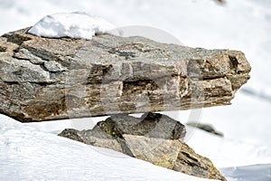 Rock emerging from snow in alps