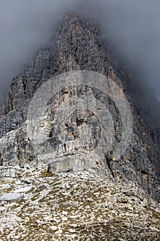 Rock face in Tre Cime National Park, Dolomites, Italy