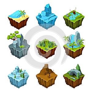 Rock fantasy islands for computer games. Isometric illustrations in cartoon style