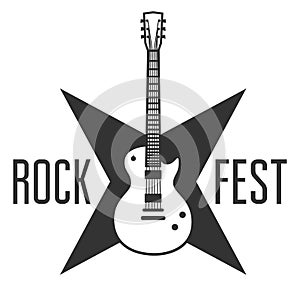 Rock fest badge/Label with electric guitar. Heavy metal hardcore music festival