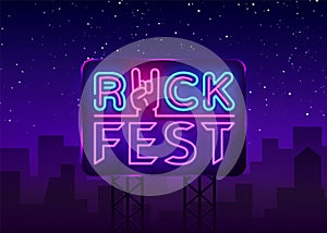 Rock Fest logo in neon style. Rock Festival neon night sign, design template vector illustration for Rock Festival