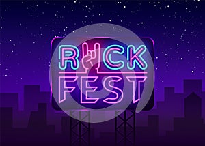 Rock Fest logo in neon style. Rock Festival neon night sign, design template vector illustration for Rock Festival photo