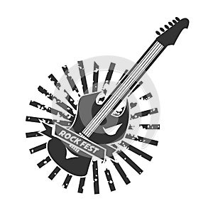 Rock fest logotype with colorless guitar on white