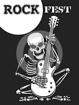 Skeleton Plays Guitar Rock Festival Poster. Vector illustration