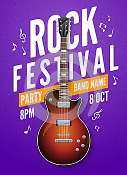 Rock festival flyer event design template. Guitar rock vector poster music band