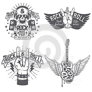 Rock festival flyer template. Human hand with rock and roll sign