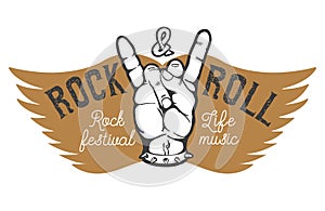 Rock festival. Human hand with rock and roll sign on background