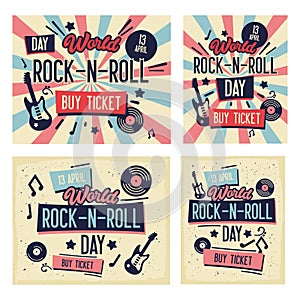 Rock Festival Poster Set. World Rock-n-Roll Day Banner with Guitar for Flyer, Brochure, Cover. Live Music Concert Design Template