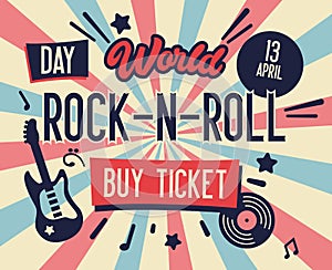 Rock Festival Poster. World Rock-n-Roll Day Banner with Guitar for Flyer, Brochure, Cover. Live Music Concert Design Template