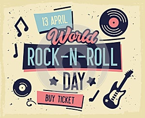 Rock Festival Poster. World Rock-n-Roll Day Banner with Guitar for Flyer, Brochure, Cover. Live Music Concert Design Template