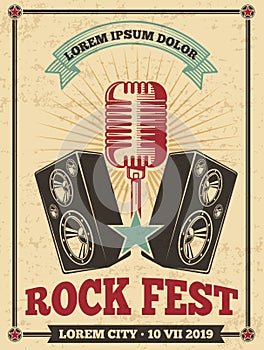 Rock festival vintage vector poster. Rock and roll concert retro background