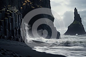 Rock Formation and Black Sand Beach, A Beautiful Natural Contrast, Reynisfjara Vik in Iceland is a black sand beach with enormous