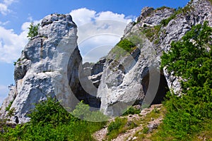 Rock formation with cave at Podlesice, Poland