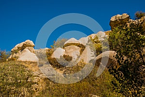 Rock formation at the end of the Zemi valley between Gereme and Uchisar. Goreme region, Cappadocia, Anatolia, Turkey