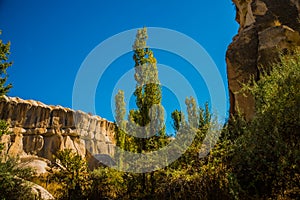 Rock formation at the end of the Zemi valley between Gereme and Uchisar. Goreme region, Cappadocia, Anatolia, Turkey