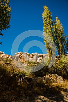 Rock formation at the end of the Zemi valley between Gereme and Uchisar. Goreme region, Cappadocia, Anatolia, Turkey