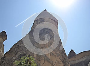 rock formation, geologic stones with blue sky and sun