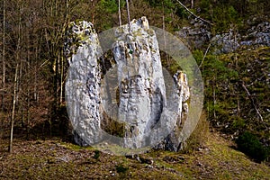 Rock formation in the Moravian Karts called Father Mother and Son. photo