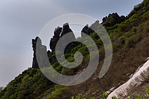 Rock formation resembling a goblinâ€™s nose on mount Kurodake