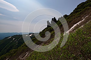 Rock formation resembling a goblinâ€™s nose on mount Kurodake