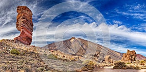 Rock formation Roque cinchado in front of volcano Teide Tenerife, Canary Islands