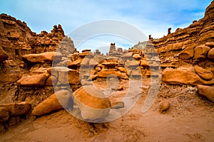 Rock formation in the shape of fairy chimneys at Goblin valley Utah USA