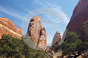 Rock formation and snow-capped mountains, Utah