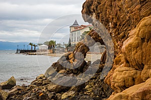 Rock formations on the beach in Loutra Edipsou, Evia, Greece