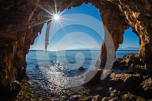 Rock formations on the beach in Loutra Edipsou, Evia, Greece