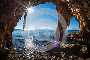 Rock formations on the beach in Loutra Edipsou, Evia, Greece