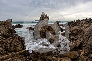 The rock formations on the beach at Petrel Cove located on the Fleurieu Peninsula Victor Harbor South Australia on July 28 2020