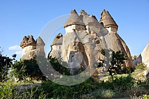 Rock formations called fairy chimneys in Cappadocia, Turkey