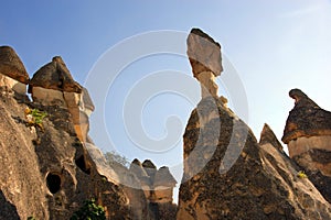 Rock formations called fairy chimneys in Cappadocia, Turkey