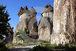 Rock formations called fairy chimneys in Cappadocia, Turkey