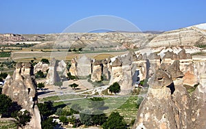 Rock formations called fairy chimneys in Cappadocia, Turkey